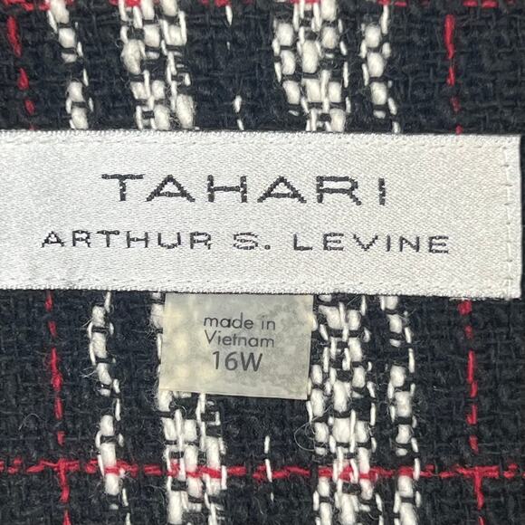 NWT Tahari Size 16W Open Front Tweed Fringe Long Jacket Coat Black White Plaid - Picture 6 of 9